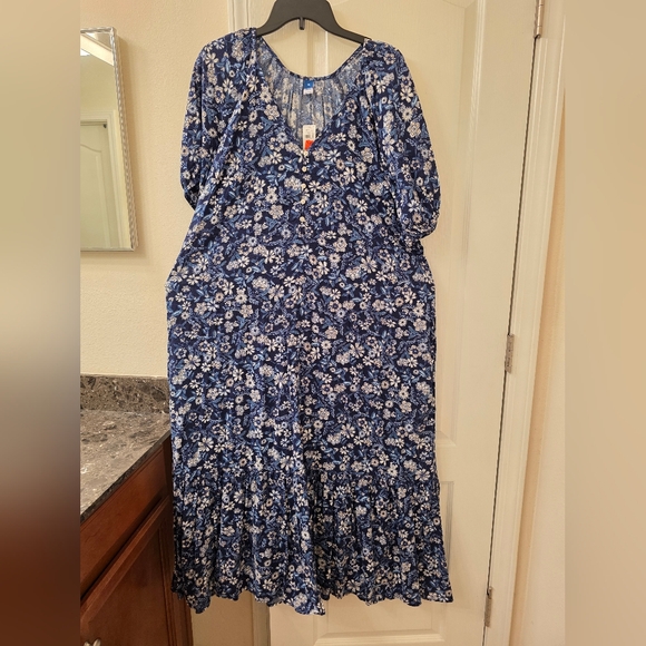 Women's Old Navy Blue Floral-Print Puff-Sleeve Maxi Swing Dress With Pockets - Picture 1 of 7